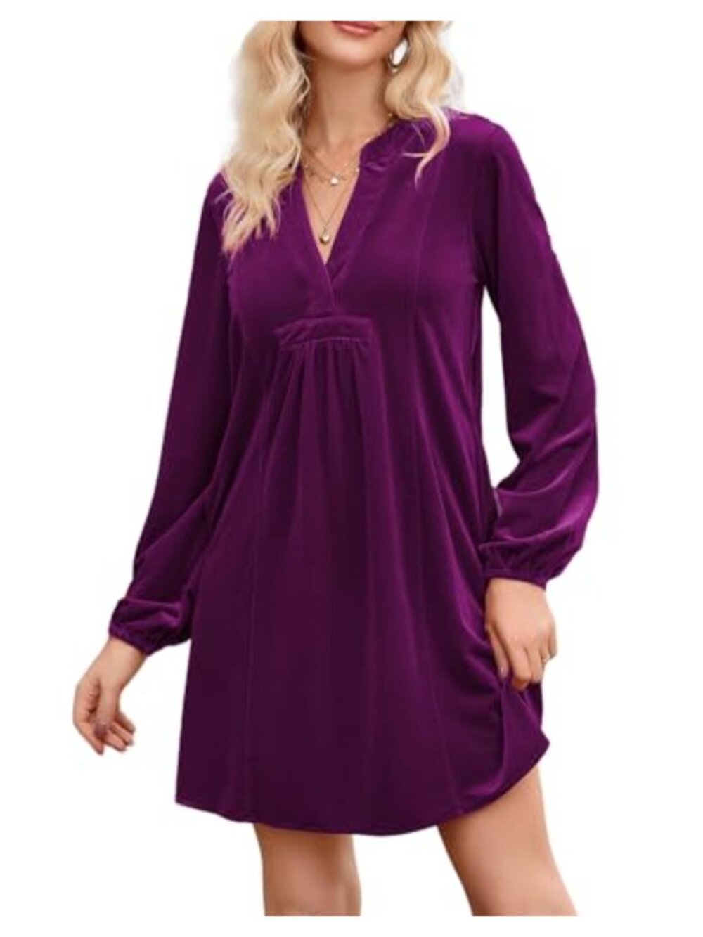 Velvet Mini Dress Long Sleeve Loose Fit V-Neck Shift Tunic with Pockets